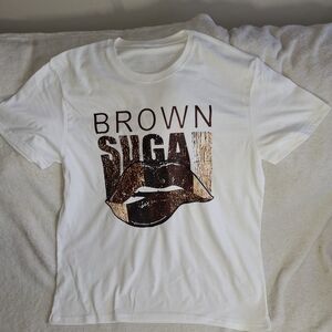 White Graphic Tee with Brown Sugar Design